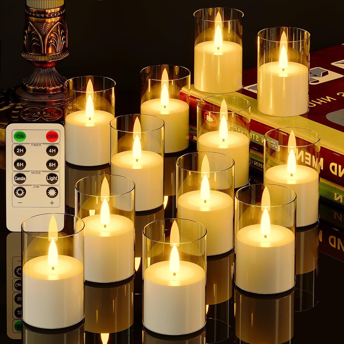 VIODAIM 12Pack Flickering Flameless LED Candles with Timer, Battery Powered - Small Pillar & Votive, Clear (2"X3")