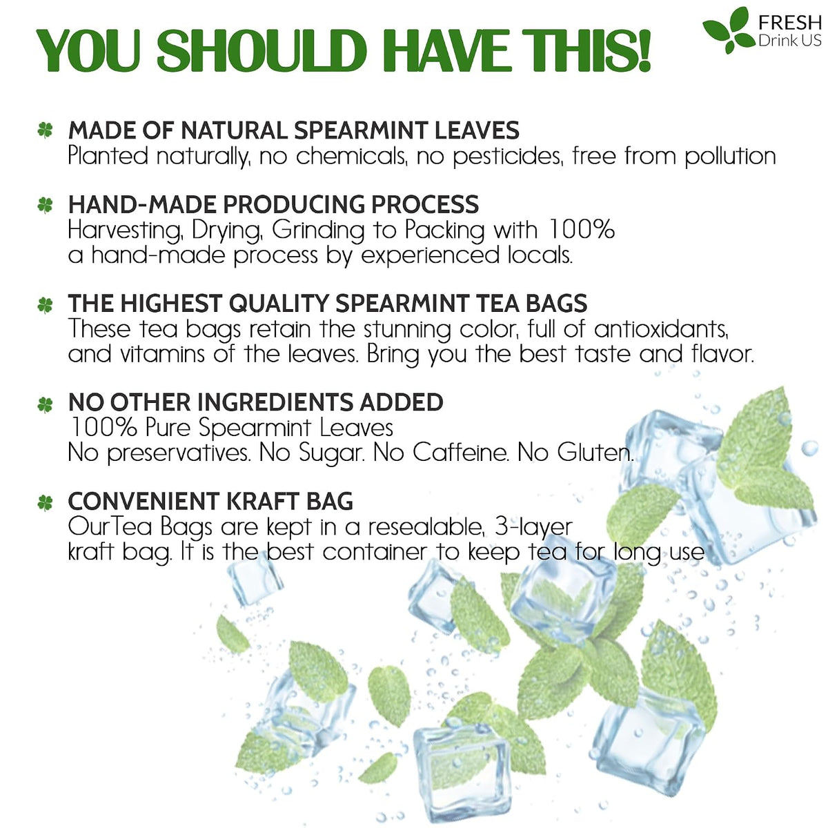FreshDrinkUS, Premium 50 Spearmint Tea Bags, 100% Natural Spearmint Leaves. Loose Leaf Spearmint Herbal Tea. Spearmint Leaf Tea. No Sugar, No Caffeine, No Gluten, Vegan.