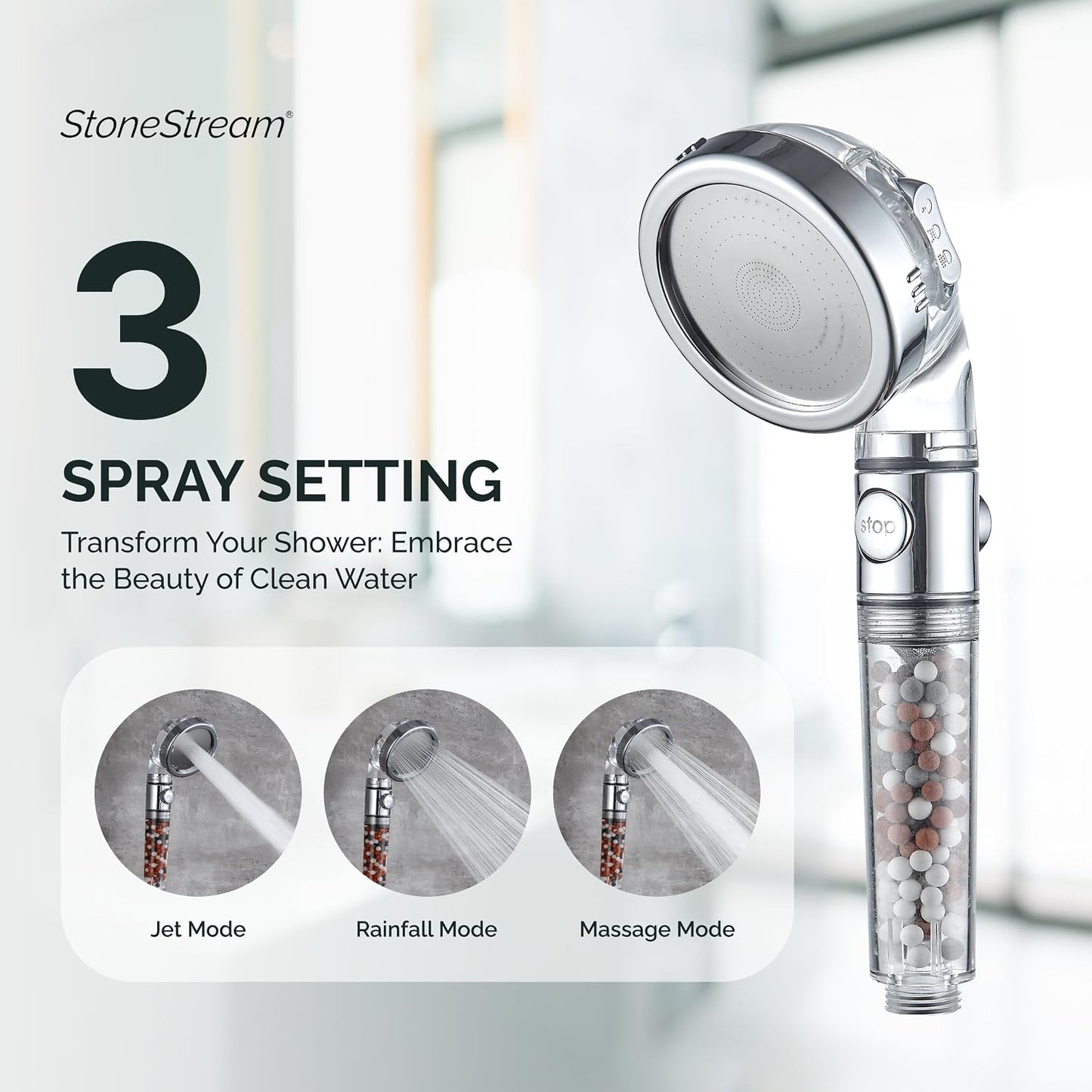 Original StoneStream Filtered Shower Head, Eco Power High Pressure Water Softener Showerhead with ON/OFF switch and Spa like Ionic beads for Dry Skin & Hair — 3 Spray Settings