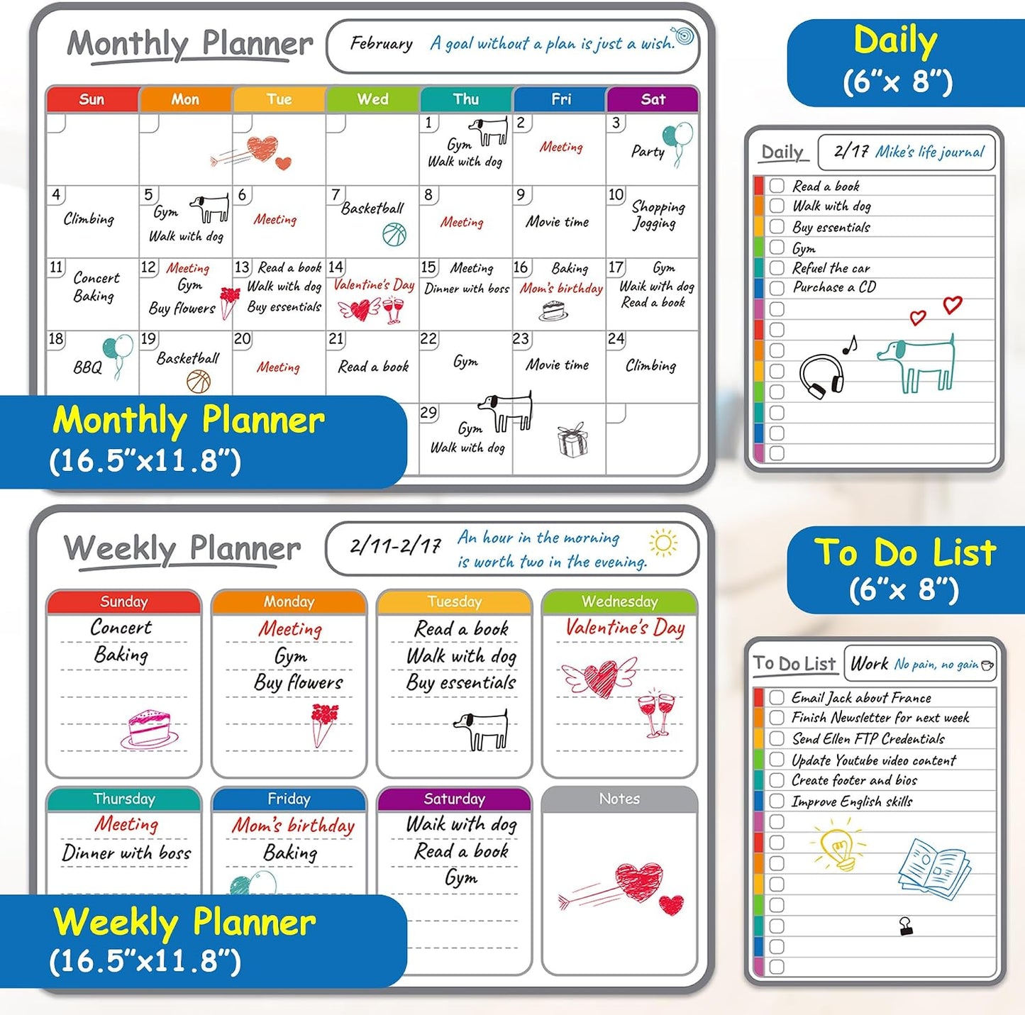 4-Pack Non-Magnetic Dry Erase Calendar Board Set – Monthly, Weekly, Daily, to-Do List Planner – Whiteboard for Stainless Steel Fridge, Wall, Glass, Door – Family, Office, Classroom Organizer