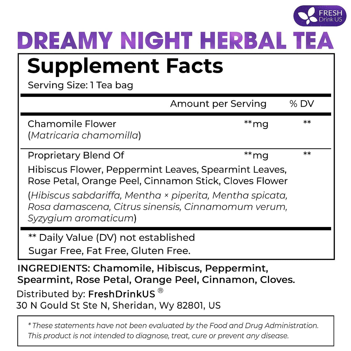 FreshDrinkUS, Refreshing Mint Herbal 60 Tea Bags – Special Blend of Spearmint and Peppermint with Chamomile, Caffeine-Free, Naturally Sweet, Non GMO