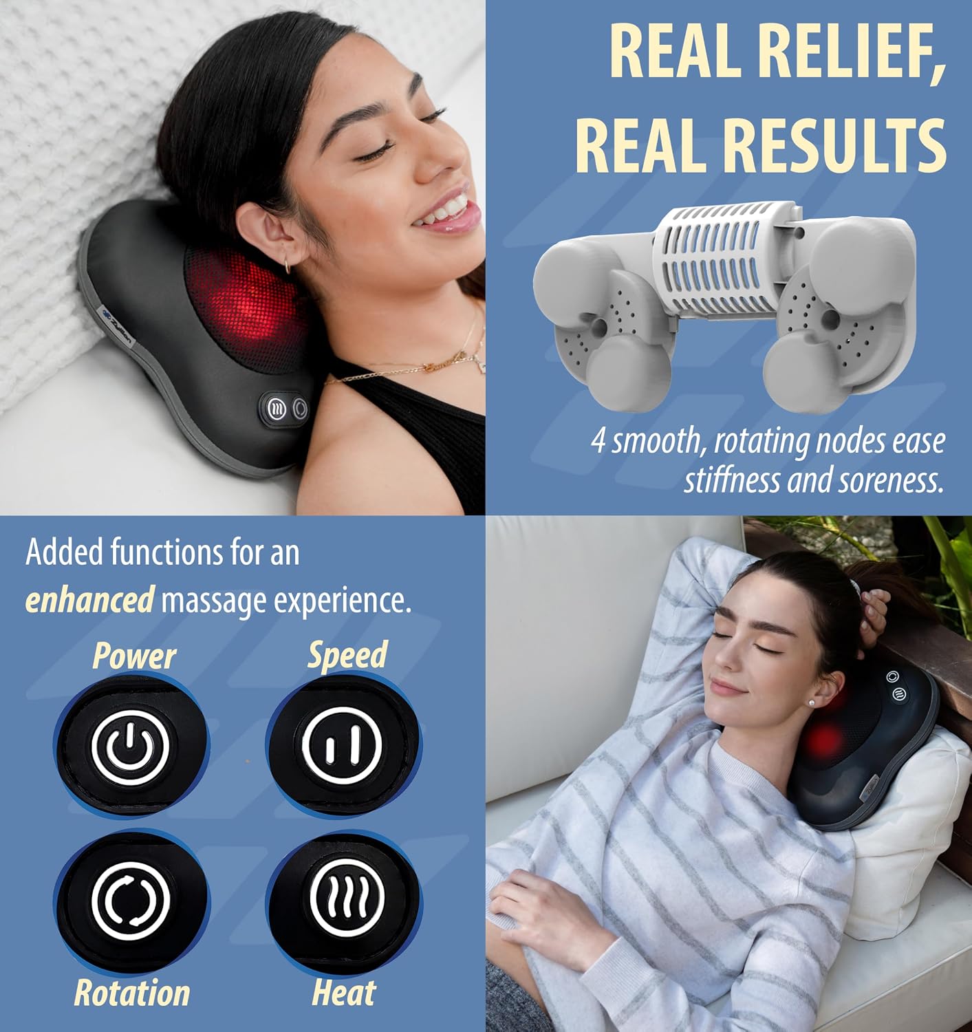 Zyllion Shiatsu Back and Neck Massager with Heat - 3D Electric Kneading Deep Tissue Massage Pillow with 8 Massaging Nodes for Muscle Pain Relief, Black, ZMA-25