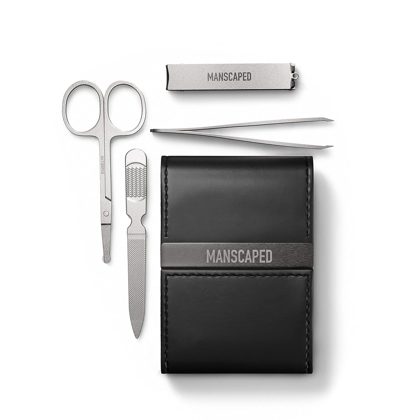 MANSCAPED® Shears 3.0, 5-Piece Precision Men’s Nail Grooming Travel Kit, Stainless Steel Manicure Set with Fingernail & Toenail Clippers, Nail File, Slant Tip Tweezers, Cuticle Scissors, Travel Case