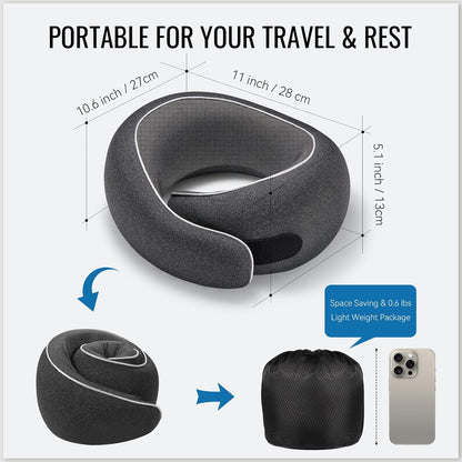 Travel Pillow, Memory Foam Neck Pillow with Ergonomic 360° Support, Travel Neck Pillow for Airplanes, Compact Design for Plane, Car & Office Travel Essentials, Max Black
