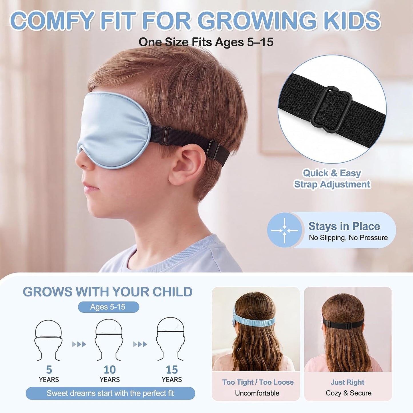 Kids Sleep Mask, Soft Eye Mask for Boys Girls with Adjustable Strap, Silk Light Blocking Sleeping Mask for Naps, Travel and Night Sleep, Includes Laundry Bag (Black)