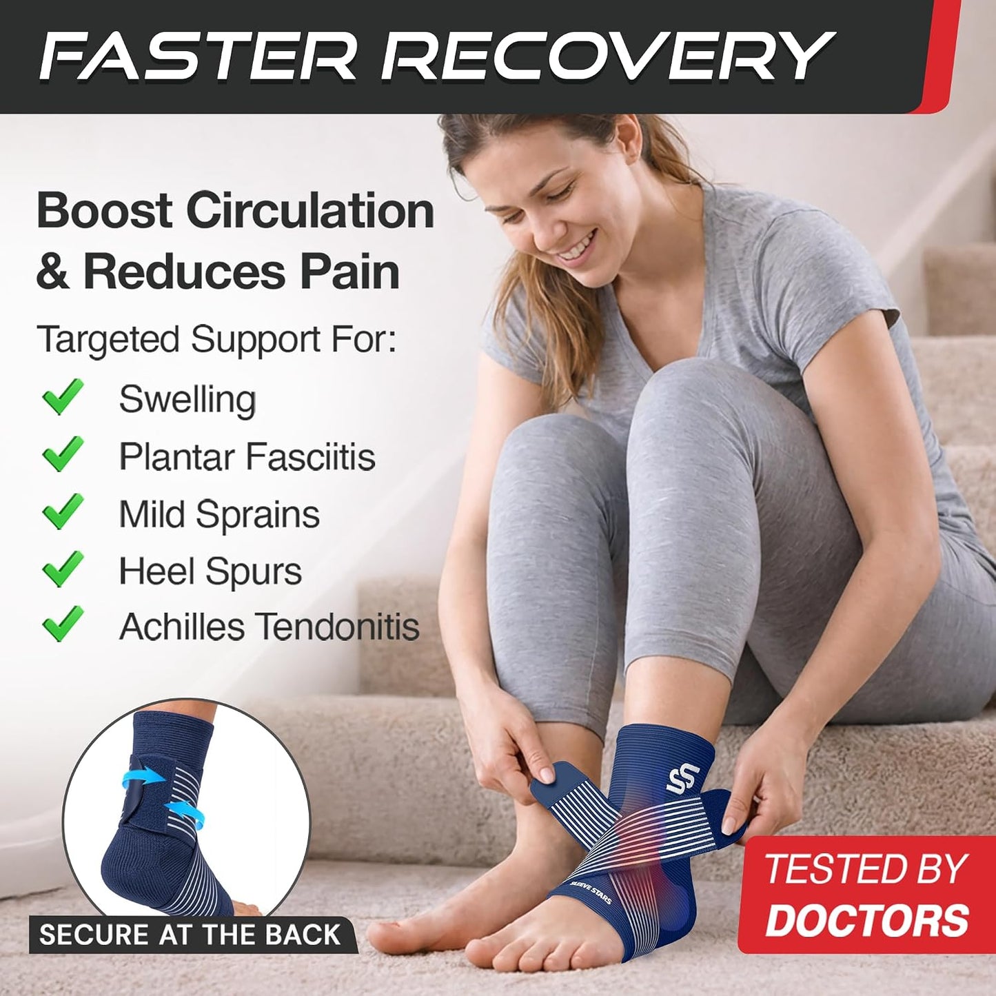 Sleeve Stars Ankle Brace for Women & Men, Ankle Wrap for Sprain, Compression Sleeve for Plantar Fasciitis Relief, Easy Customizable Support: w/ Removable Strap (Single/M:10"-12"/Black)