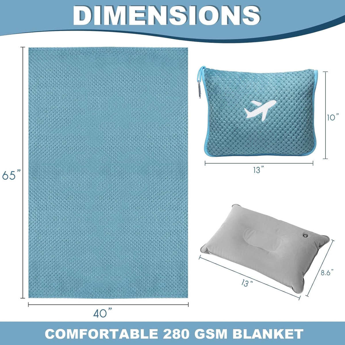 Travel Blanket Airplane Compact with Bag, Travel Essentials 3 in 1 Packable Airplane Blanket, Travel Pillow and Blanket Set, Inflatable Pillow, Luggage Sleeve & Backpack Clip (Light Grey)