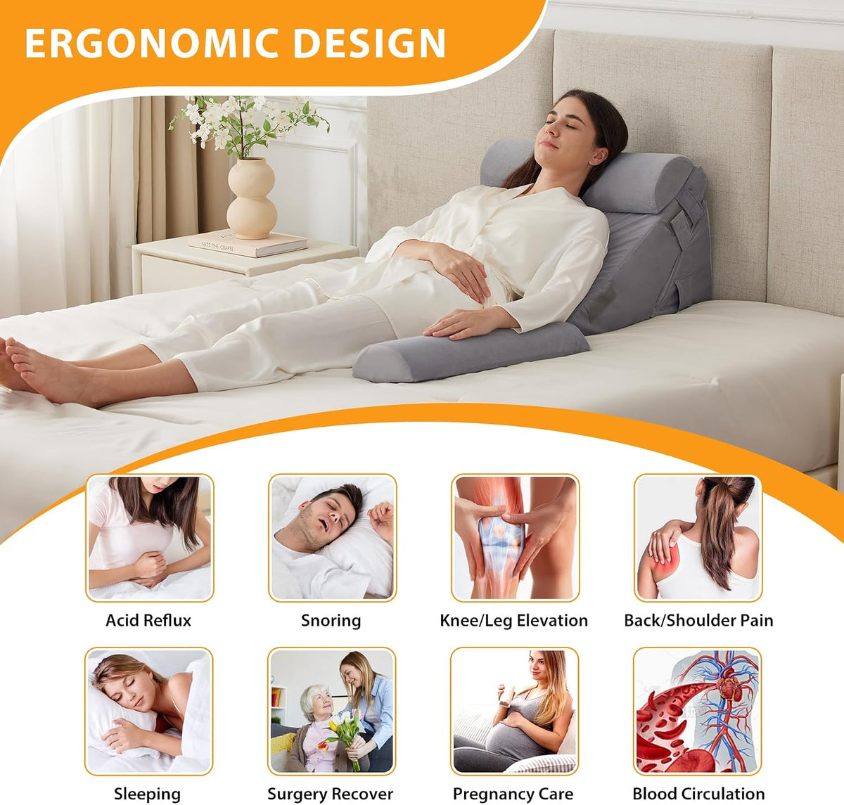 Ruqmuis Wedge Pillow Set for After Surgery, 3PCS Adjustable 9&12 Inch Bed Wedge Pillow for Sleeping, Incline Pillow Wedge for Headboard, Post Surgery, Acid Reflux, Neck&Back Support, White/Grey
