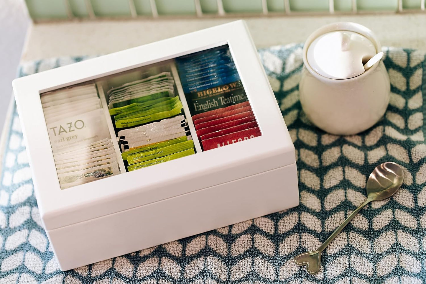 Break Tradition Wooden Tea Organizer For Tea Bags - 6 Compartments, Clear Top Window, Lid Stays Open (Black)
