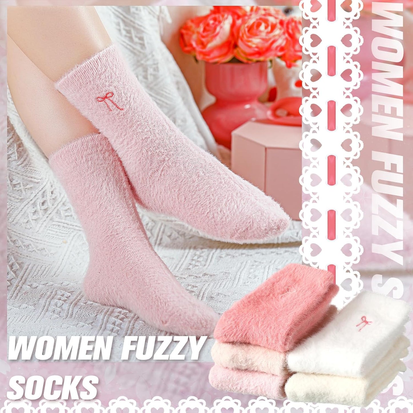 Geyoga 5 Pairs Fuzzy Socks for Women Cozy Spa Slipper Socks Coquette Preppy Stuff Soft Fluffy Home Sleeping Birthday Gift