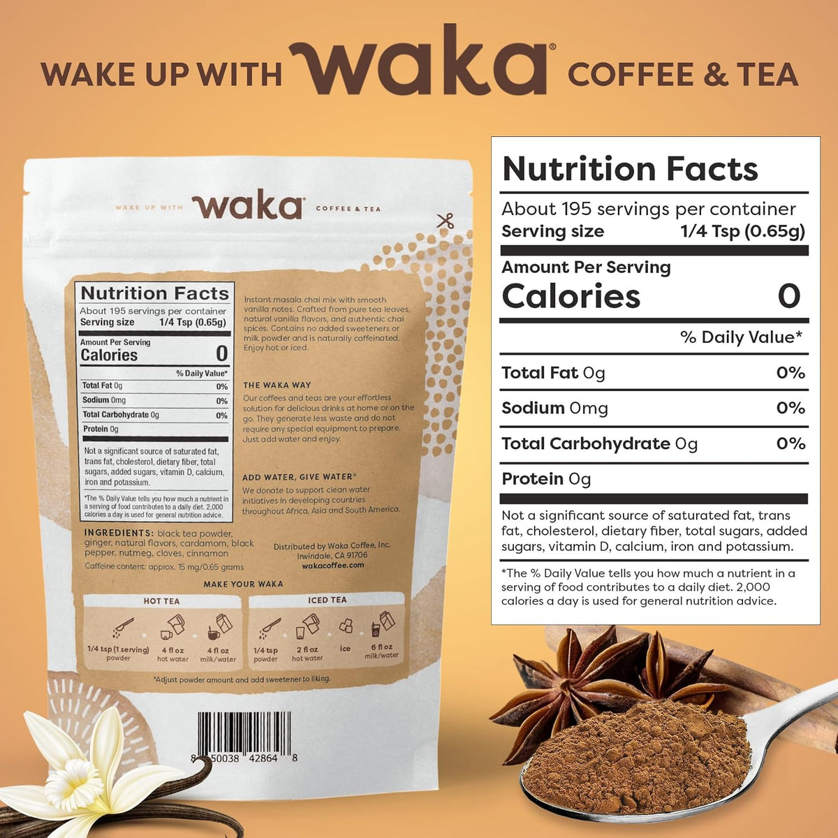 Waka Chai Powder Concentrate, Unsweetened Masala Chai, Sugar-Free, 4.5 oz