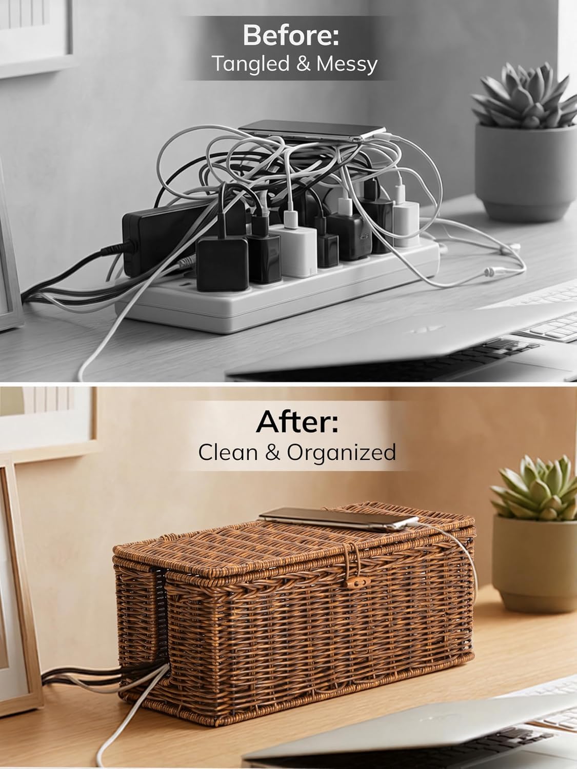 Cable Management Box, Cord Organizer with Lid & Cable Ties - Brown, L