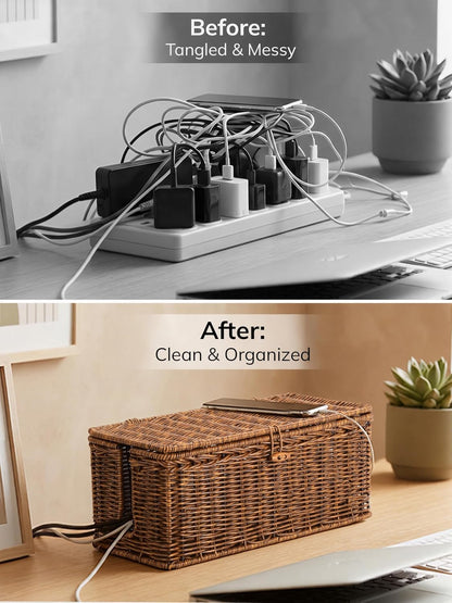 Cable Management Box, Cord Organizer with Lid & Cable Ties - Brown, L
