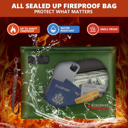 ROLOWAY Fireproof Document Bag (14.5 x 11.5 inch), 6400℉ Fireproof Money Bag with Zipper for Cash, Fire Safe Money Pouch with Lock (Black)