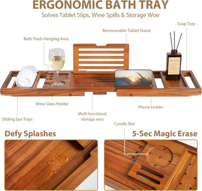Bamboo Bathtub Tray Caddy - Splash-Proof Adjustable (28.5-40") with Wine Holder, Tablet Stand & Non-Slip Grip | Spa-Grade Organizer for Bath Essentials & Reading- Walnut