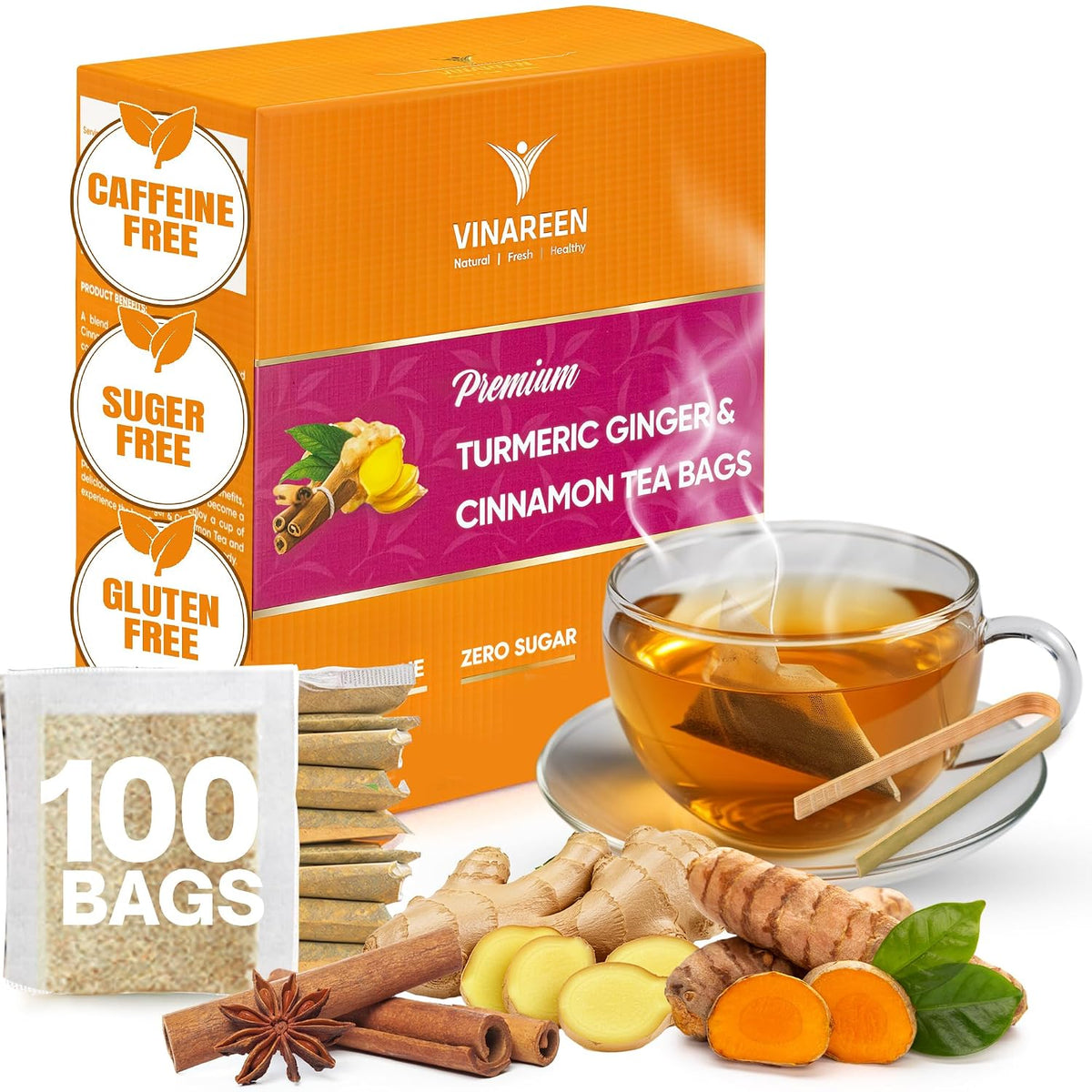 VINAREEN Turmeric Ginger Cinnamon Herbal Tea, 100 Tea Bags, Supports Digestion, Premium Natural Ingredients, Eco-Conscious Tea Bags, Caffeine-Free, Sugar-Free, Gluten-Free, Vegan.