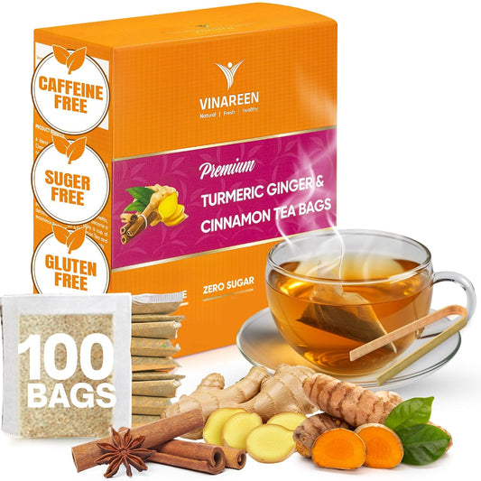 VINAREEN Turmeric Ginger Cinnamon Herbal Tea, 100 Tea Bags, Supports Digestion, Premium Natural Ingredients, Eco-Conscious Tea Bags, Caffeine-Free, Sugar-Free, Gluten-Free, Vegan.