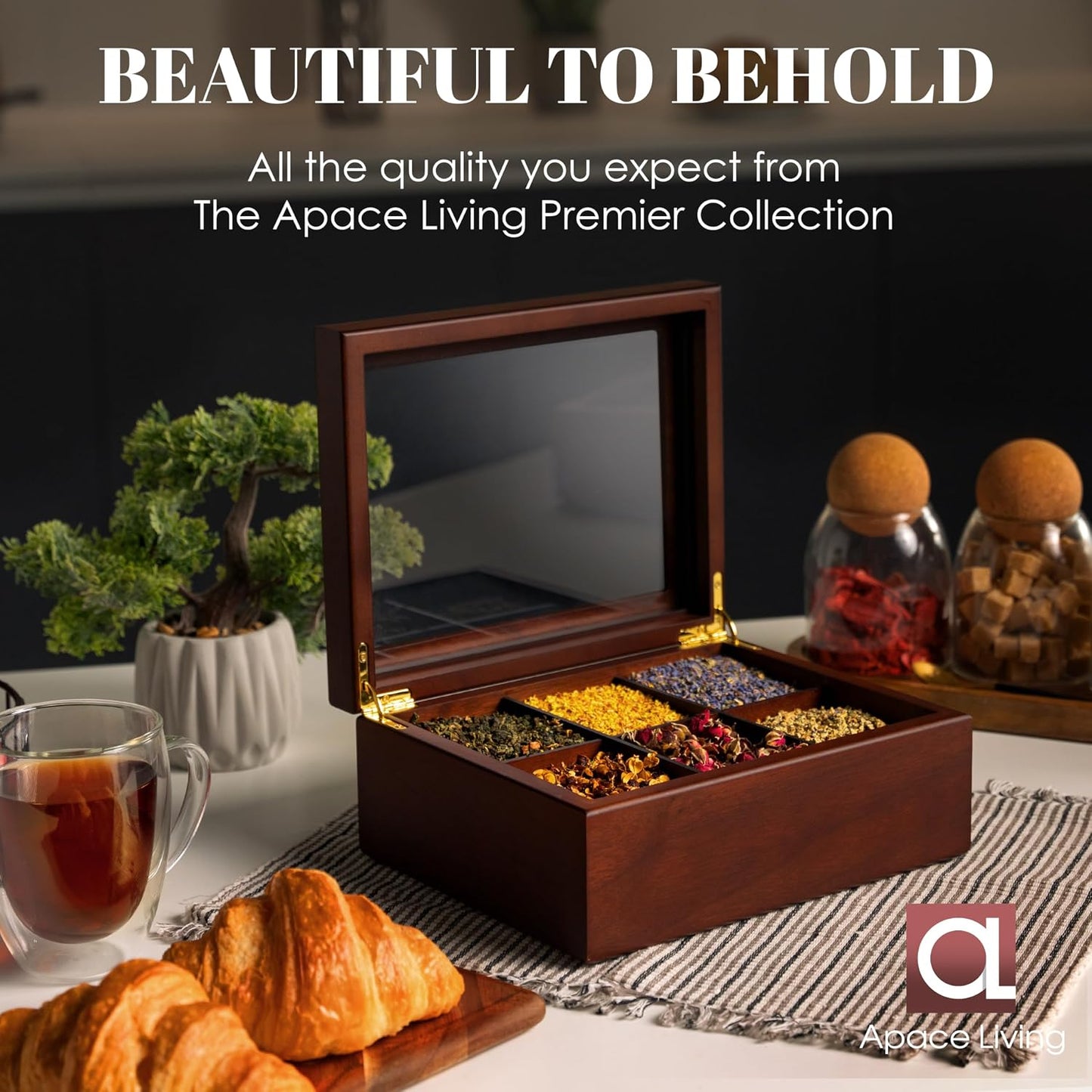 Tea Box - Luxury Wooden Tea Bag Organizer from The Apace Premier Collection - 8 Compartment Tea Storage Chest Container - Elegantly Handmade w/Scratch Resistant Window