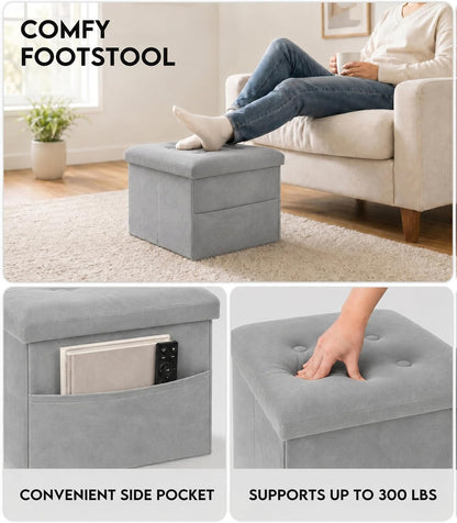 Zoes Homeware Small Storage Ottoman Foot Rest, Velvet Ottoman with Storage and Side Pocket, Black Foot Rest for Couch, Foldable Footstool for Chair, Living Room&Dorm, 16"x12"x12"