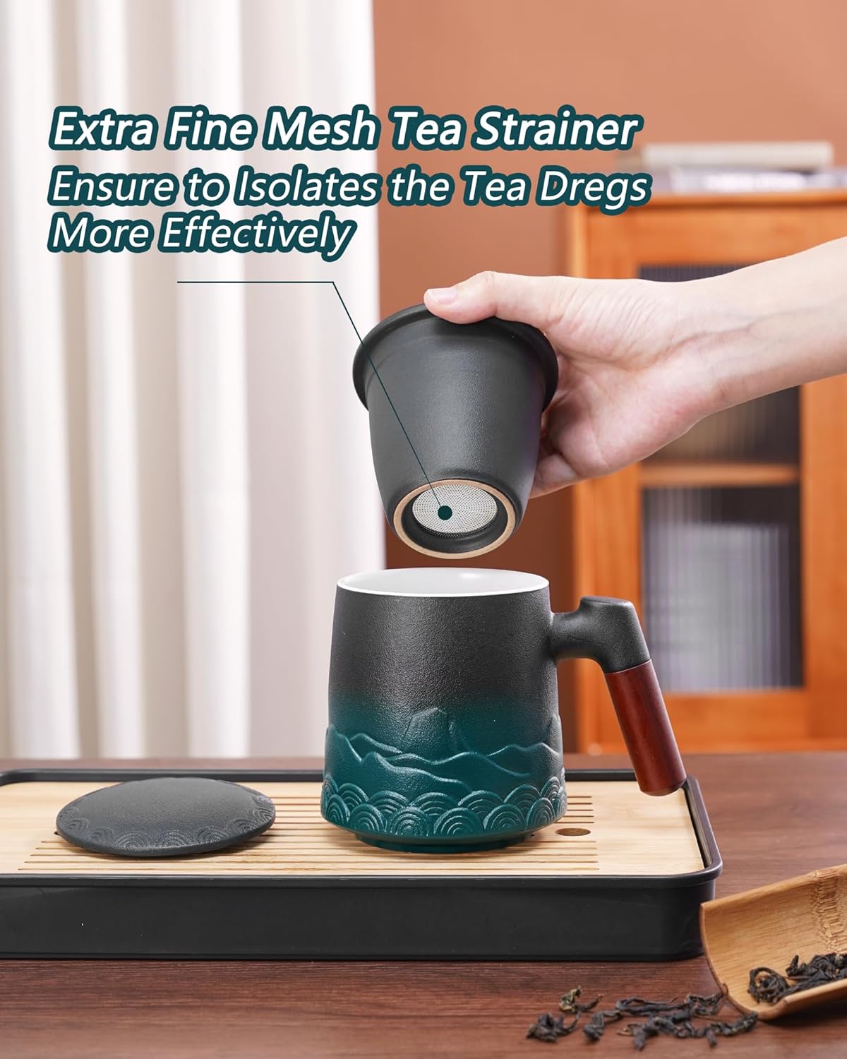 ZENS Embossed Ceramic Tea Mug with Infuser and Lid, 14.5 oz Wooden Handle, Loose Leaf Tea Steeper Cup & Strainer for Tea Lovers Gifts