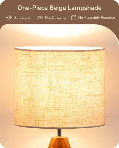EDISHINE Tripod Table Lamp, Small Cute Bedside Lamp with Linen Beige Lampshade, Nightstand Lamp for Nursery, Bedroom, Kid Room, Living Room, Light Brown Wooden Base, E26 Socket, 14.2 Inch