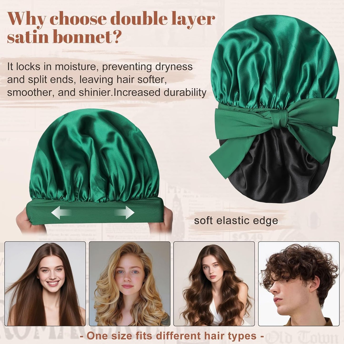 Satin Bonnet for Sleeping Cap Double Layer Hair Bonnet with Elastic Tie Band for Curly Hair Night Cap (Bean Paste + Pink)