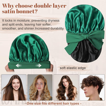 Satin Bonnet for Sleeping Cap Double Layer Hair Bonnet with Elastic Tie Band for Curly Hair Night Cap (Bean Paste + Pink)