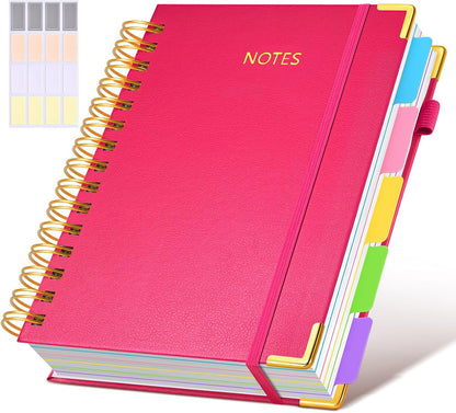 Hardcover Spiral Notebook journal with Removable Dividers Tabs, 300 Pages Leather 5 Subject Notebook College Ruled, 8"x10" Large B5 Notebooks for Work School Note taking, Lined Journal for Women,Black