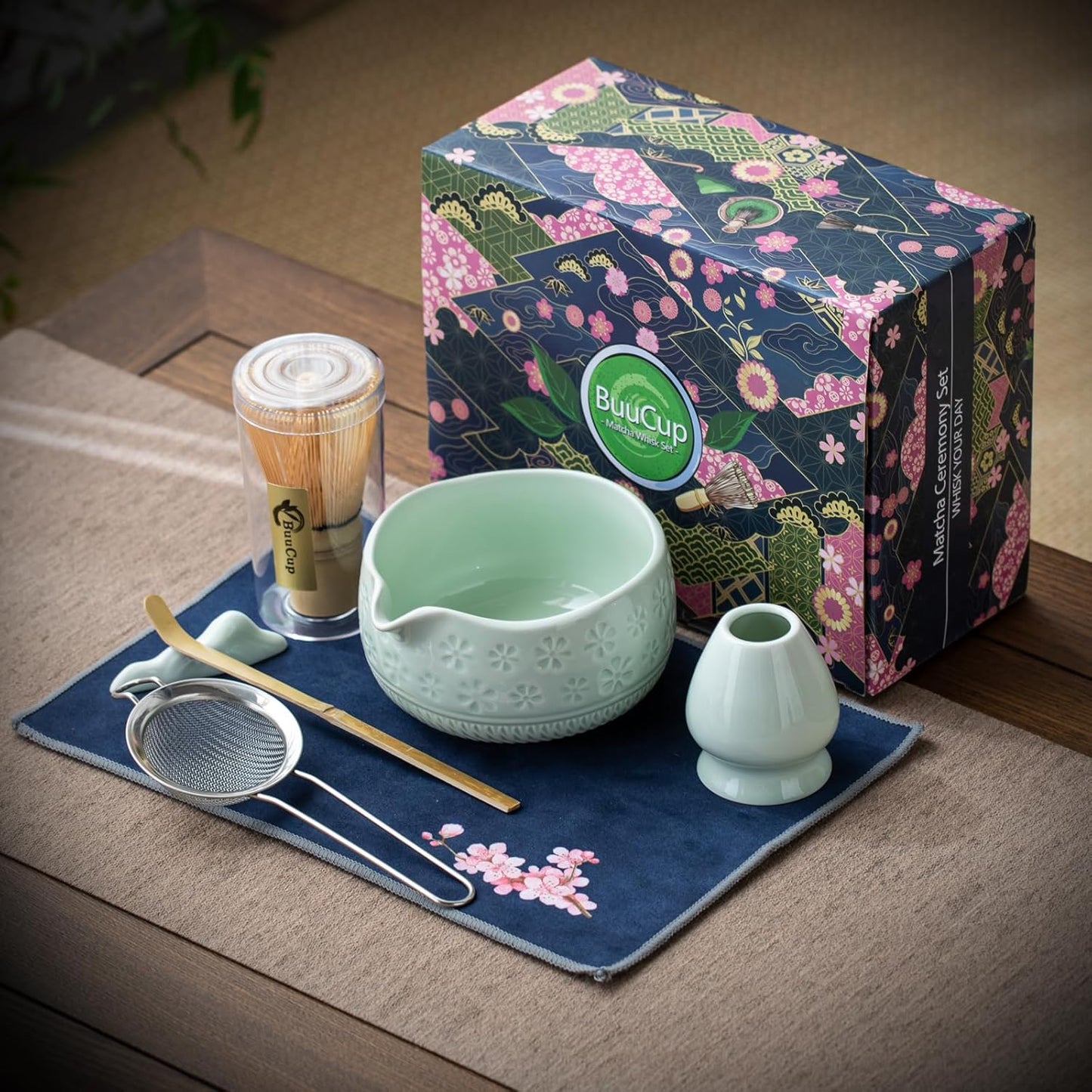 Buucup Matcha Whisk Set, Ceramic Matcha Kit Set Includes Matcha Bowl, Matcha Whisk and Holder, Bamboo Scoop, Scoop Rest, Sifter and Tea Towel - 7 Pcs Matcha Kit for Matcha Lovers (Mottled Green)