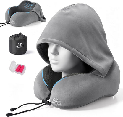 SkytraxComf® Travel Neck Pillow with Hood for Privacy on Long Flights | Memory Foam | Airplane Sleep | Safety-Tested Materials | Extra Large Hood | Chin Support | Earplugs | Washable Cover