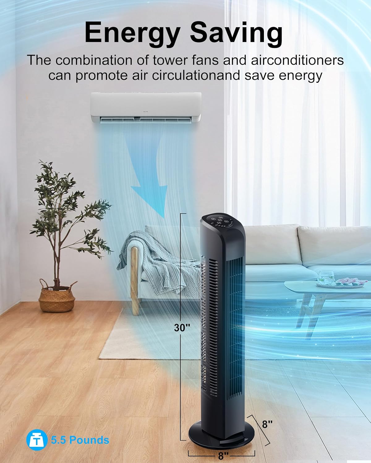 Uthfy Oscillating Tower Fan for Bedroom, Portable Standing Fan with Remote, 3 Modes 3 Speeds, 7.5H Timer, 120° Quiet Cooling for Living room, Office, Black