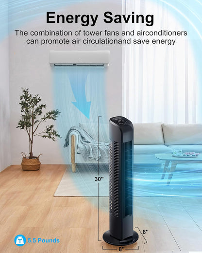 Uthfy Oscillating Tower Fan for Bedroom, Portable Standing Fan with Remote, 3 Modes 3 Speeds, 7.5H Timer, 120° Quiet Cooling for Living room, Office, Black