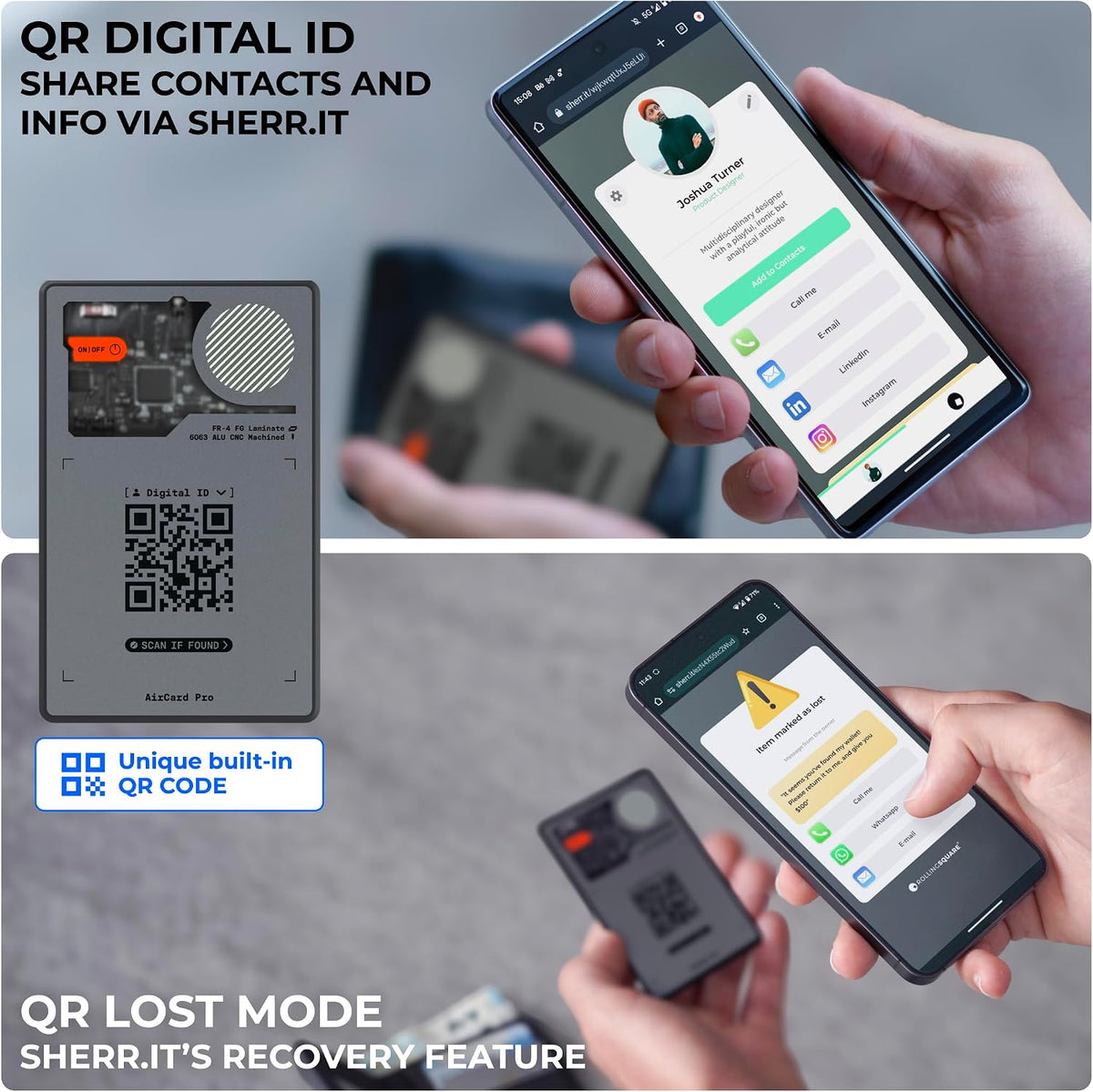 Rolling Square AirCard Pro Dual - Bluetooth Wallet Tracker - Compatibile with Both Apple iOS Find My and Google Android Find Hub – Wireless Charging, Anti-Loss Card – Smart Locator, Gray