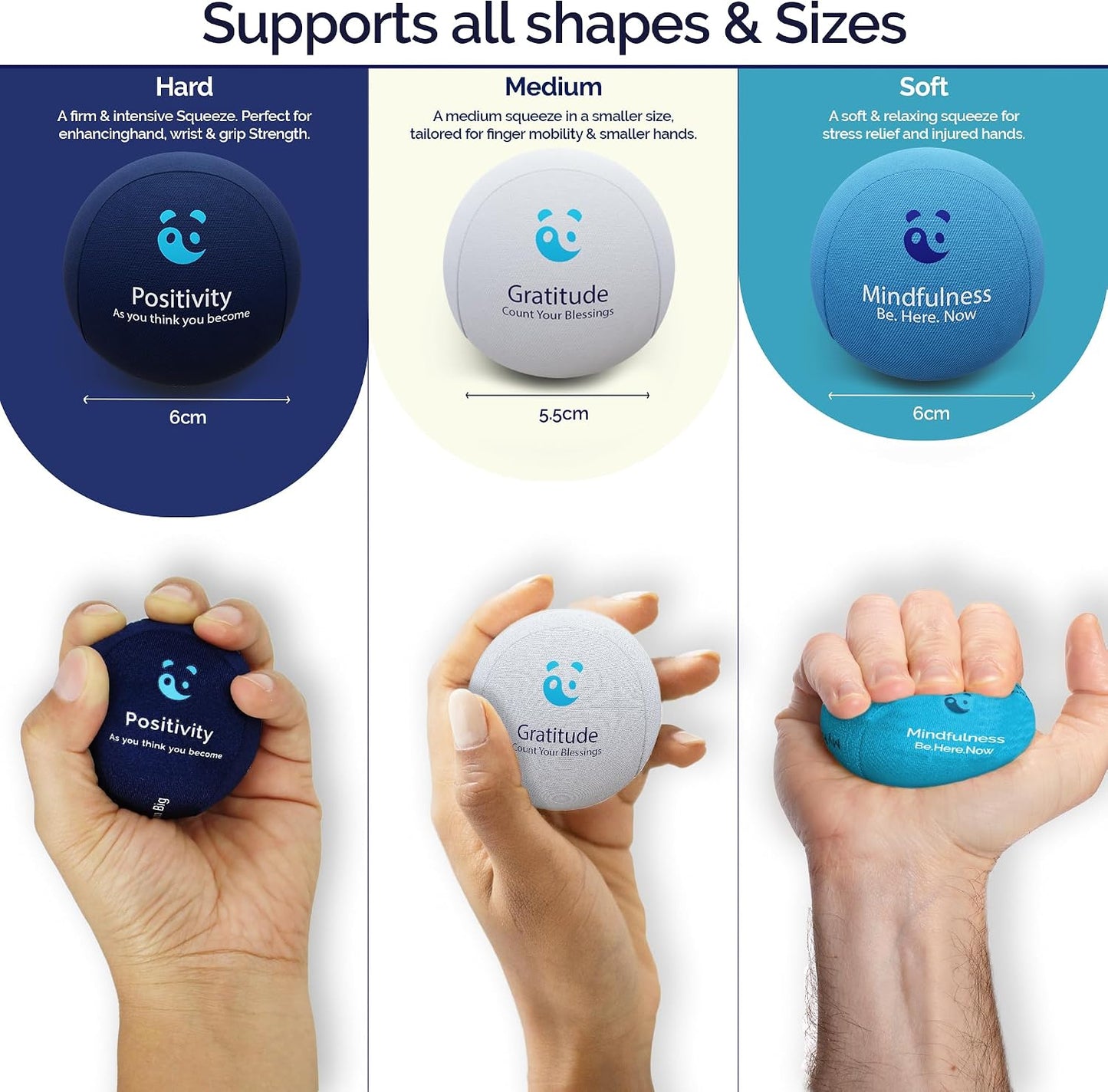Mind & Body Stress Balls for Adults - Multi-Density Squeeze Balls for Hand Therapy & Grip Strengthening - Stress & Anxiety Relief - Choose 3-Ball (Soft, Medium & Hard) or 2-Ball (Soft & Hard) Sets