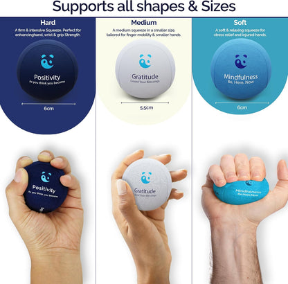 Mind & Body Stress Balls for Adults - Multi-Density Squeeze Balls for Hand Therapy & Grip Strengthening - Stress & Anxiety Relief - Choose 3-Ball (Soft, Medium & Hard) or 2-Ball (Soft & Hard) Sets