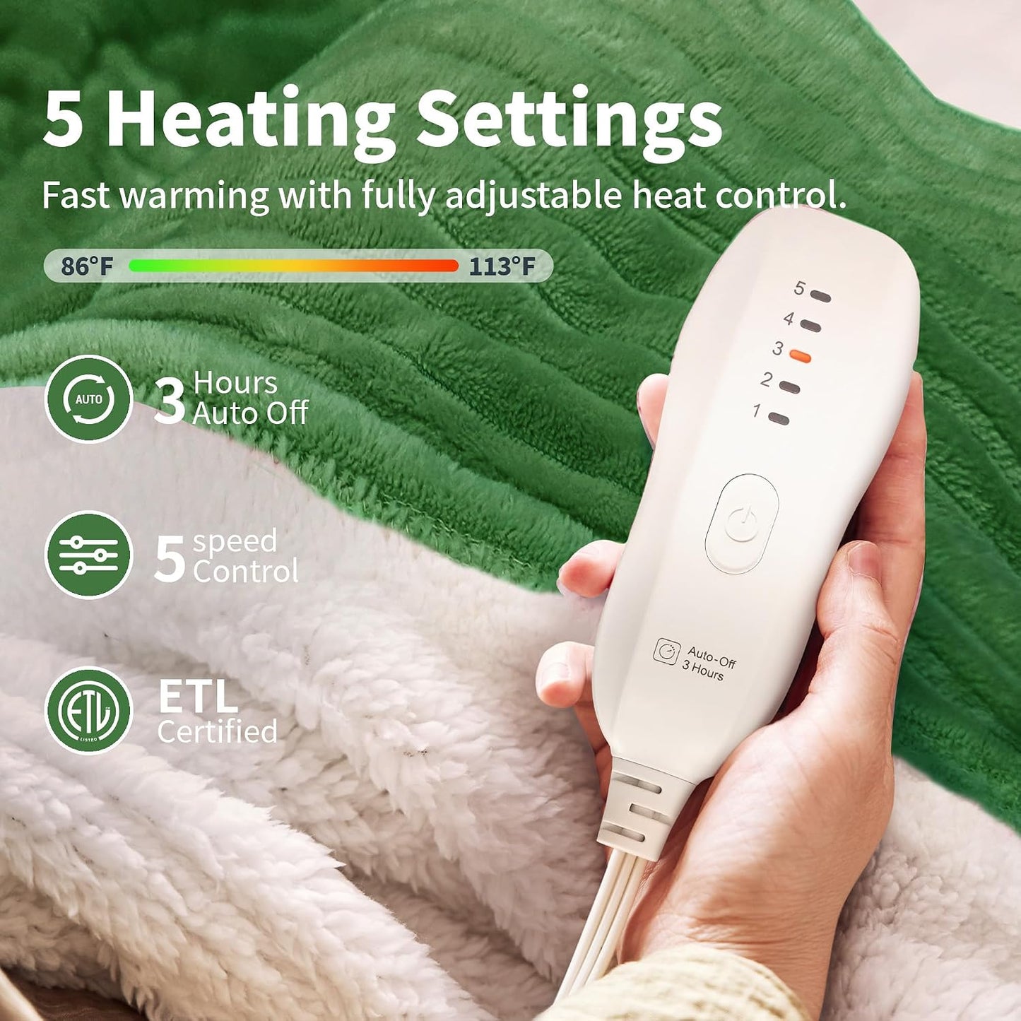 Texciting Heated Blanket Electric Blanket Throw 50''X60''-Heating Throw with 9 Heat Settings-2-10 Hours Auto Off,ETL Certified,Machine Washable (Green)