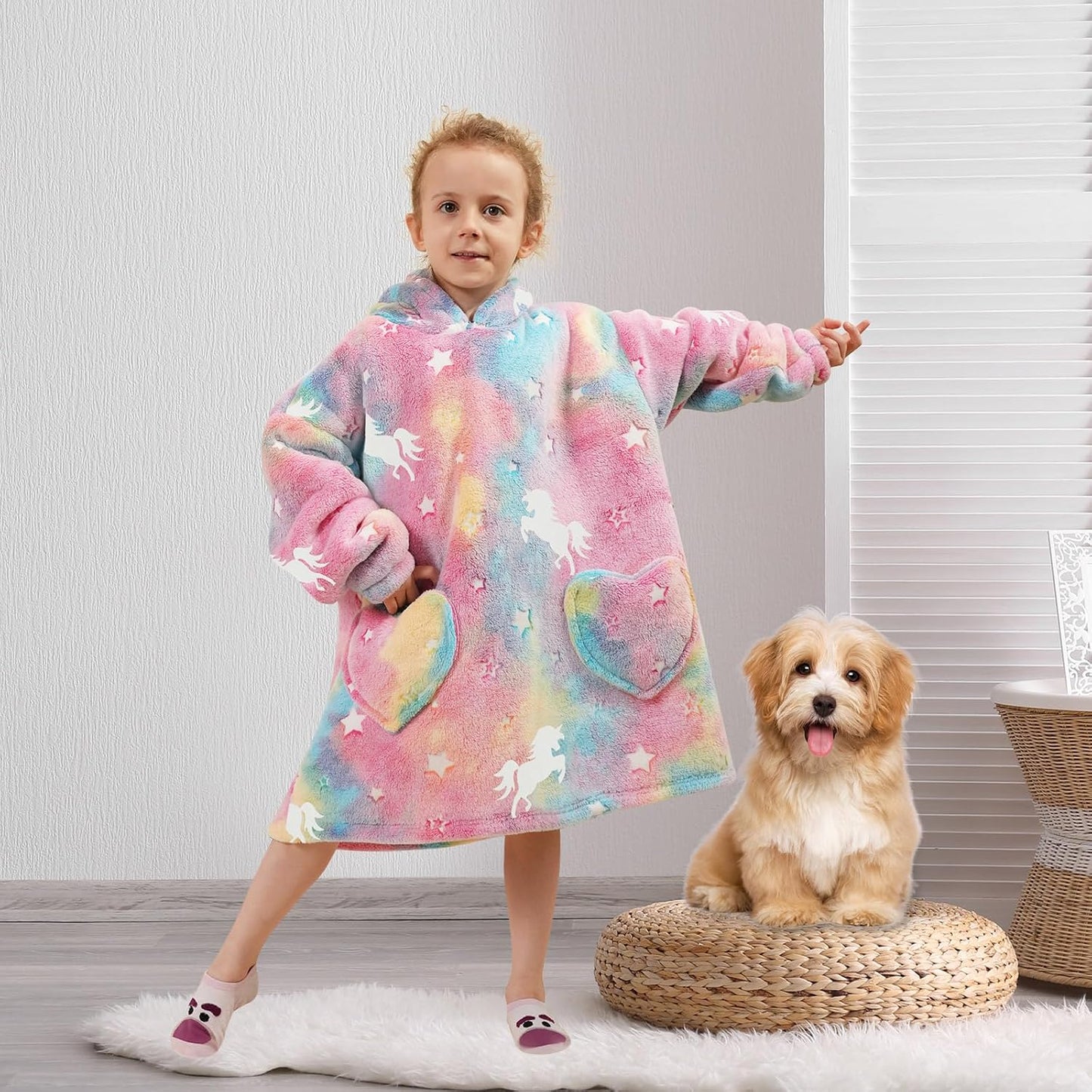Fiosnow Glow in the Dark Unicorn Blanket Hoodies for Kids 6-13YR Oversize Wearable Blanket Hoodies for Boys Girls Teens