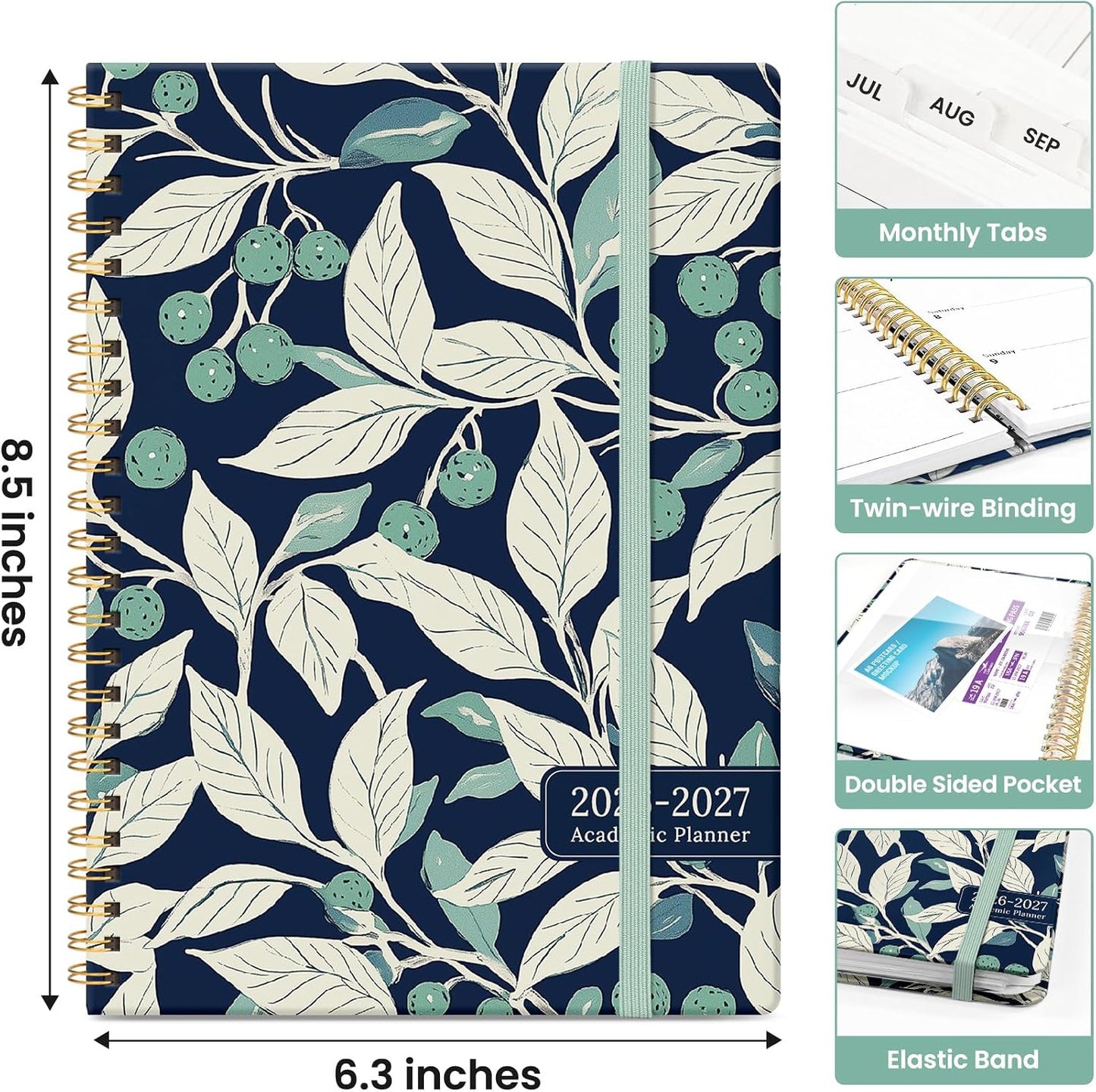 Planner 2026-2027, Academic Monthly and Weekly Calendar Planner for Women, July 2026 - June 2027, Hardcover Pretty Agenda Planner Book with Tabs, Spiral Daily Organizer for School Office Home Supplies, 6.3" x 8.5" - Blue Floral