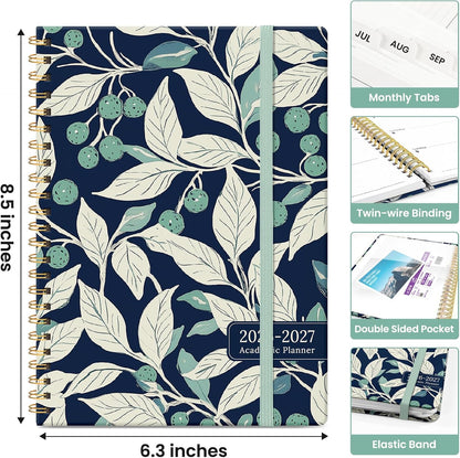Planner 2026-2027, Academic Monthly and Weekly Calendar Planner for Women, July 2026 - June 2027, Hardcover Pretty Agenda Planner Book with Tabs, Spiral Daily Organizer for School Office Home Supplies, 6.3" x 8.5" - Blue Floral