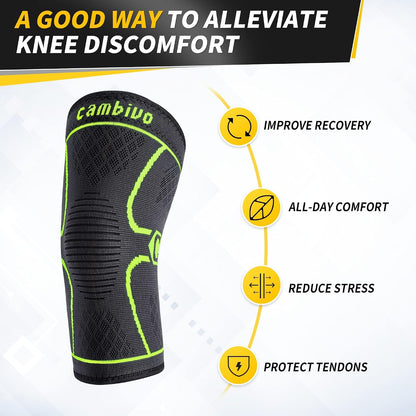 CAMBIVO 2 Pack Knee Braces for Women & Men, Knee Compression Sleeves for Knee Pain Relief, Knee Support with Non-Slip Silicone, Breathable, for Running, Workout, Weightlifting & Daily Use, Arthritis Support (Black, Medium)