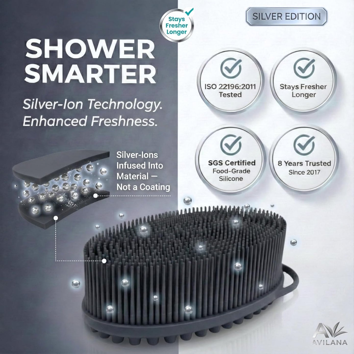 Avilana Premium Silicone Body Scrubber - Trusted Since 2017 - SGS Certified Food Grade Dual Sided Bath Brush, Quick-Dry Exfoliating Loofah Alternative, Massage Brush Sensitive Skin Women Men