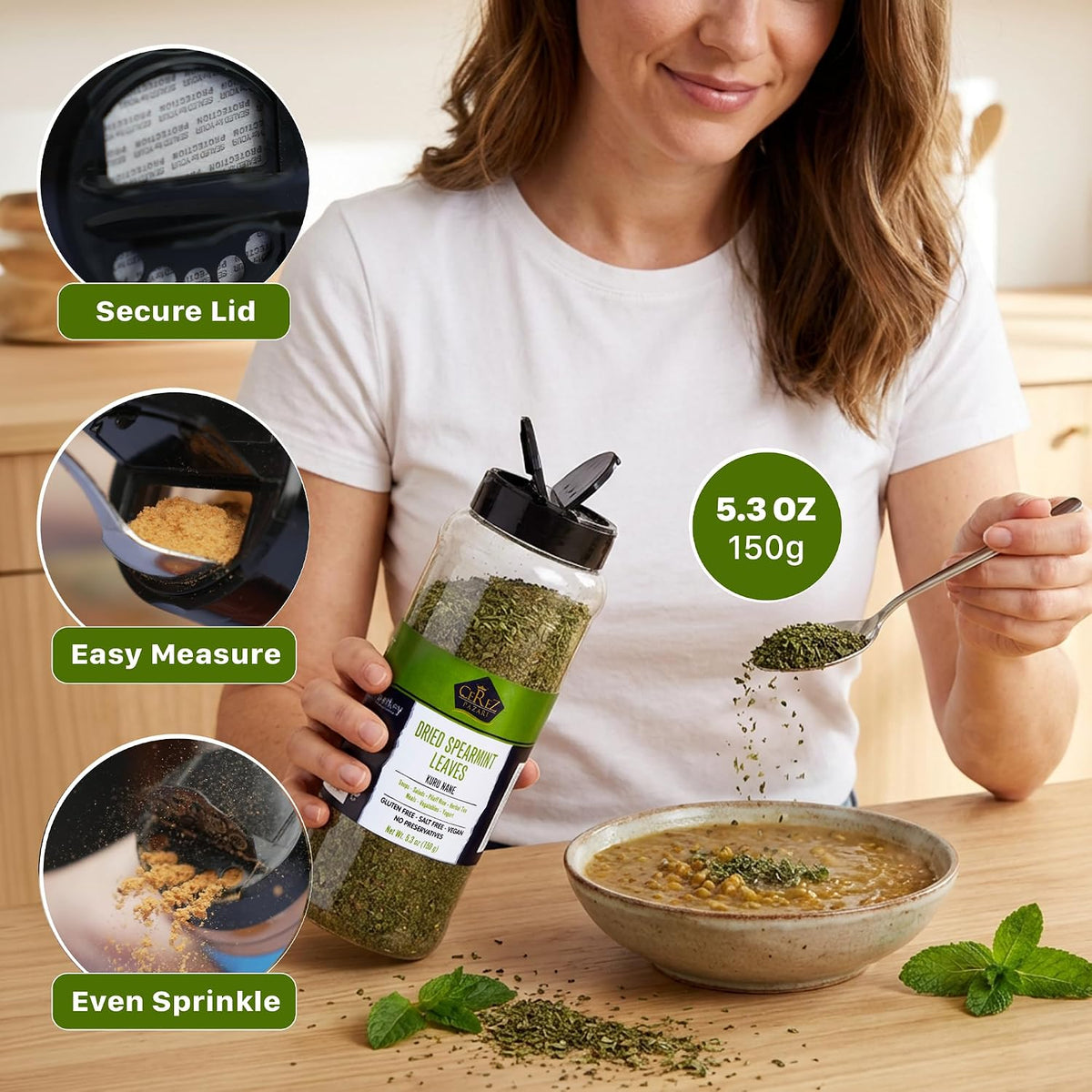 Cerez Pazari Dried Mint Leaves 5.3oz |%100 Natural, Non-irradiated, Non-GMO, Gluten Free, Raw Turkish Dried Spearmint Leaves, Crushed Peppermint Tea | Plastic Pet & Easy to Use Flapper Spice Cap