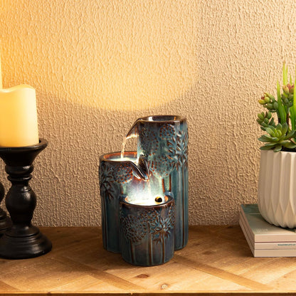 Glitzhome Ceramic Tabletop Tiered Water Fountain with Pump and LED Light 8.75'' Turquoise Leaf Textured Water Fountain Zen Decor for Indoor and Home Decoration Table Desk Office Patio