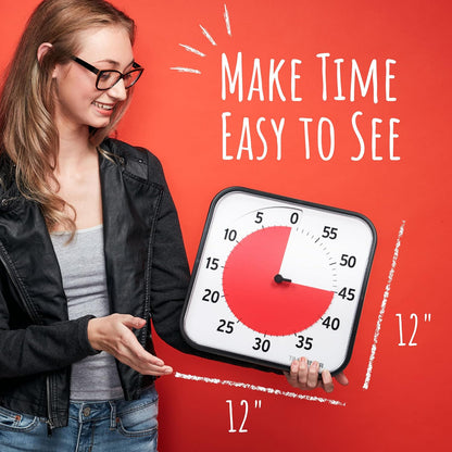TIME TIMER 12 inch Visual Timer 60 Minute Kids Desk Countdown Clock with Dry Erase Activity Card, Also Magnetic for Classroom, Homeschooling Study Tool, Task Reminder, Home and Kitchen Timer