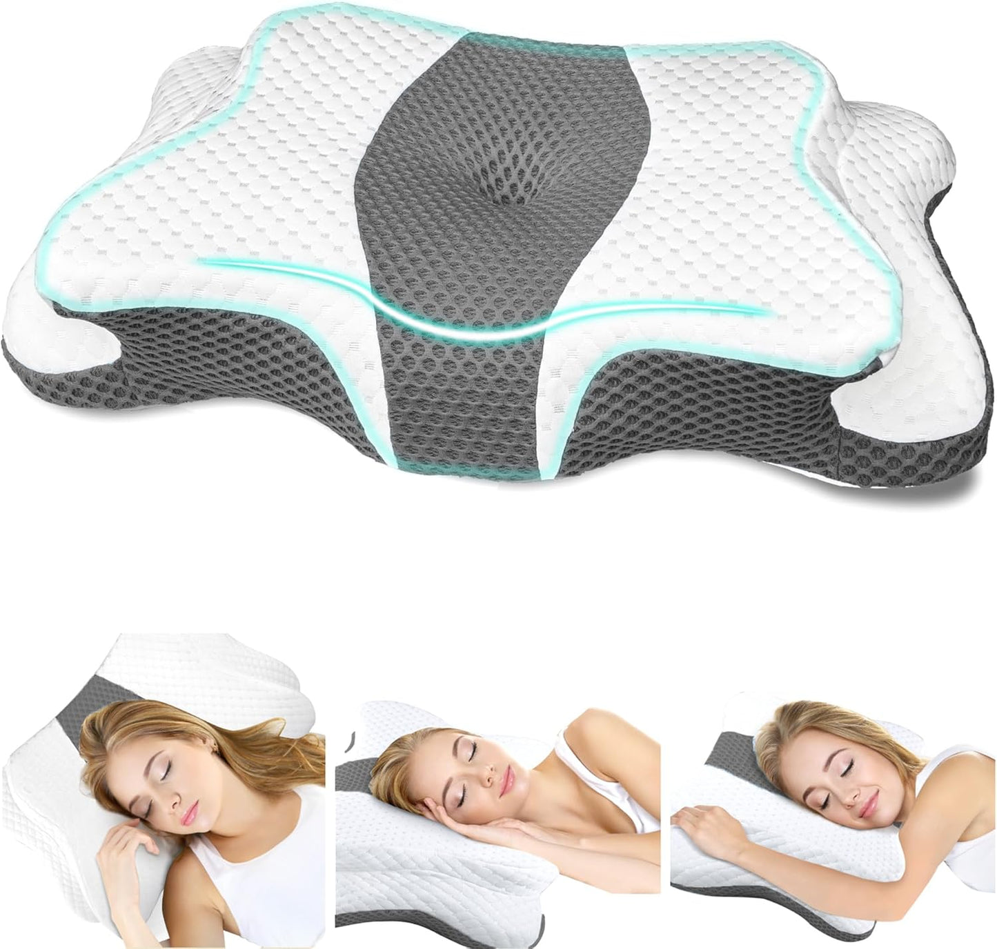 CHxxy Cervical Neck Pillow for Pain Relief Sleeping, Memory Foam Pillows, Ergonomic Side Sleeper Pillows, Cooling Orthopedic Neck Support Pillow for Back Stomach Sleepers-Queen Size Grey&Grey