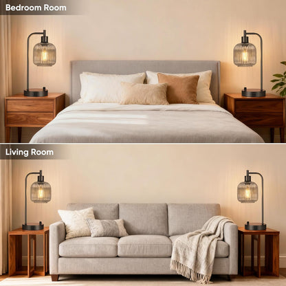 QiMH Industrial Table Lamp for Bedroom Set of 2, Green Glass Beside Lamp with USB A&C Ports, Stepless Dimmable Gold Lamps, Nightstand Lamps for Living Room, Office, Home Decor(Bulb Included)