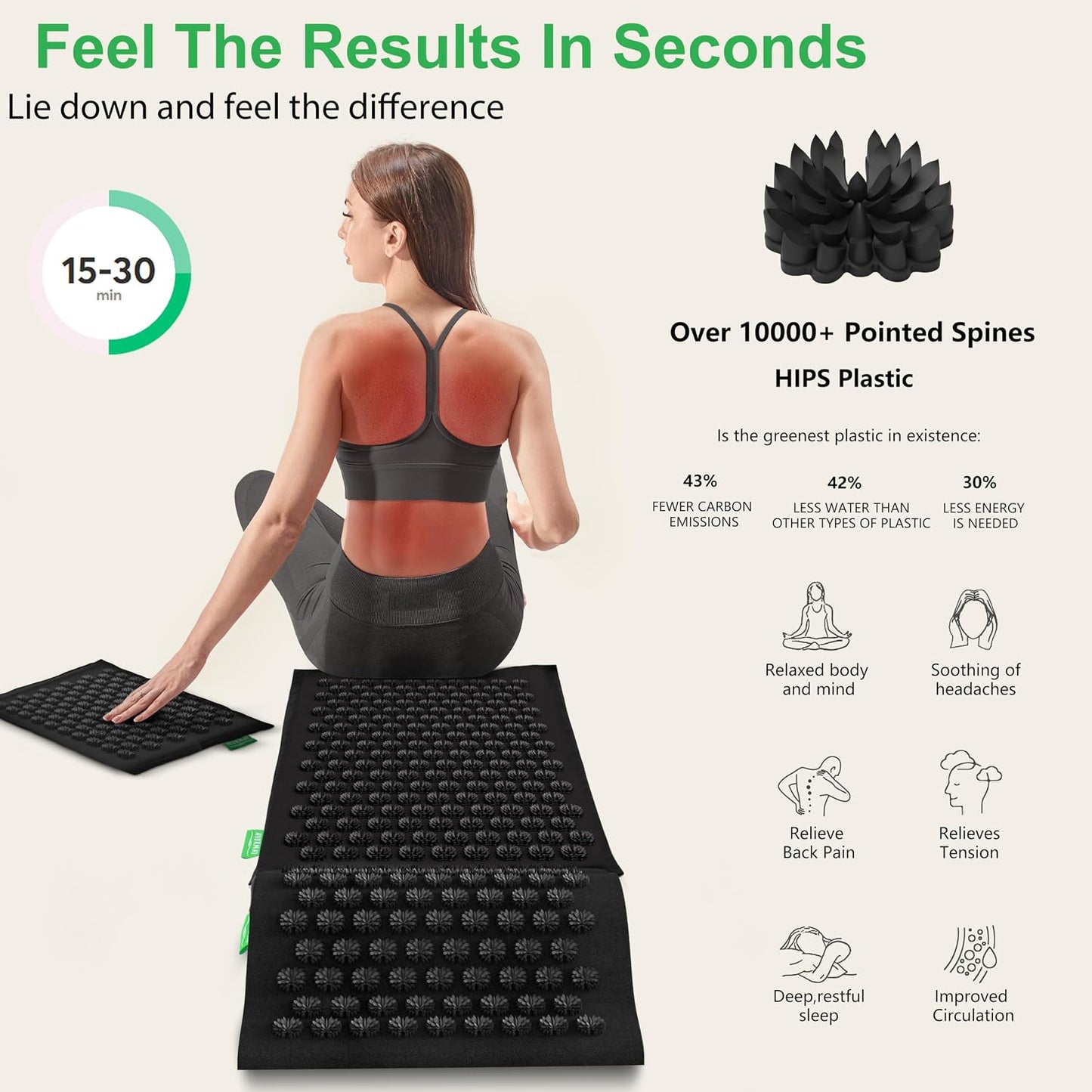 Acupressure Mat and Pillow Set - Full Body Pro Kit for Stress Relief, Muscle Relaxation & Pain Relief - Natural Eco-Friendly Linen & Coconut Fiber Mat - Includes Carrying Bag (Black)