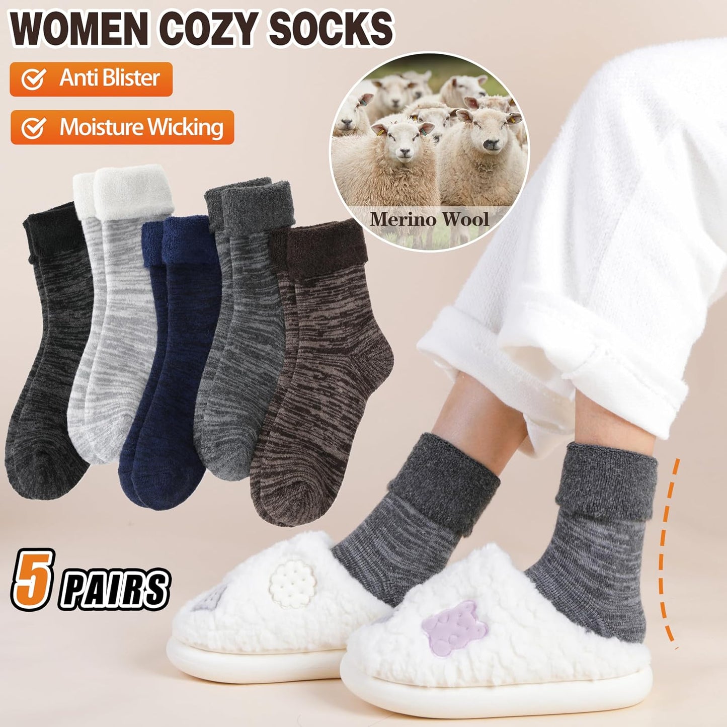 EBMORE 5 Pairs Women Merino Wool Boot Socks Warm Thermal Winter Thick Hiking Cozy Cabin Crew Comfy Socks for Ladies