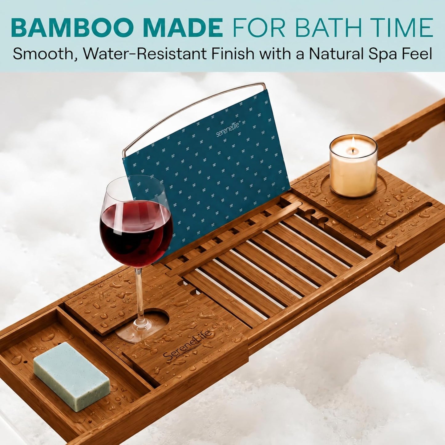 SereneLife 2 in 1 Bed and Bath Tray - Foldable Bamboo Bathtub Caddy with Adjustable Length, Non-Slip, Device Holder, Wine Glass Slot, Expandable for Comfortable Bathing, Natural, Folding Set