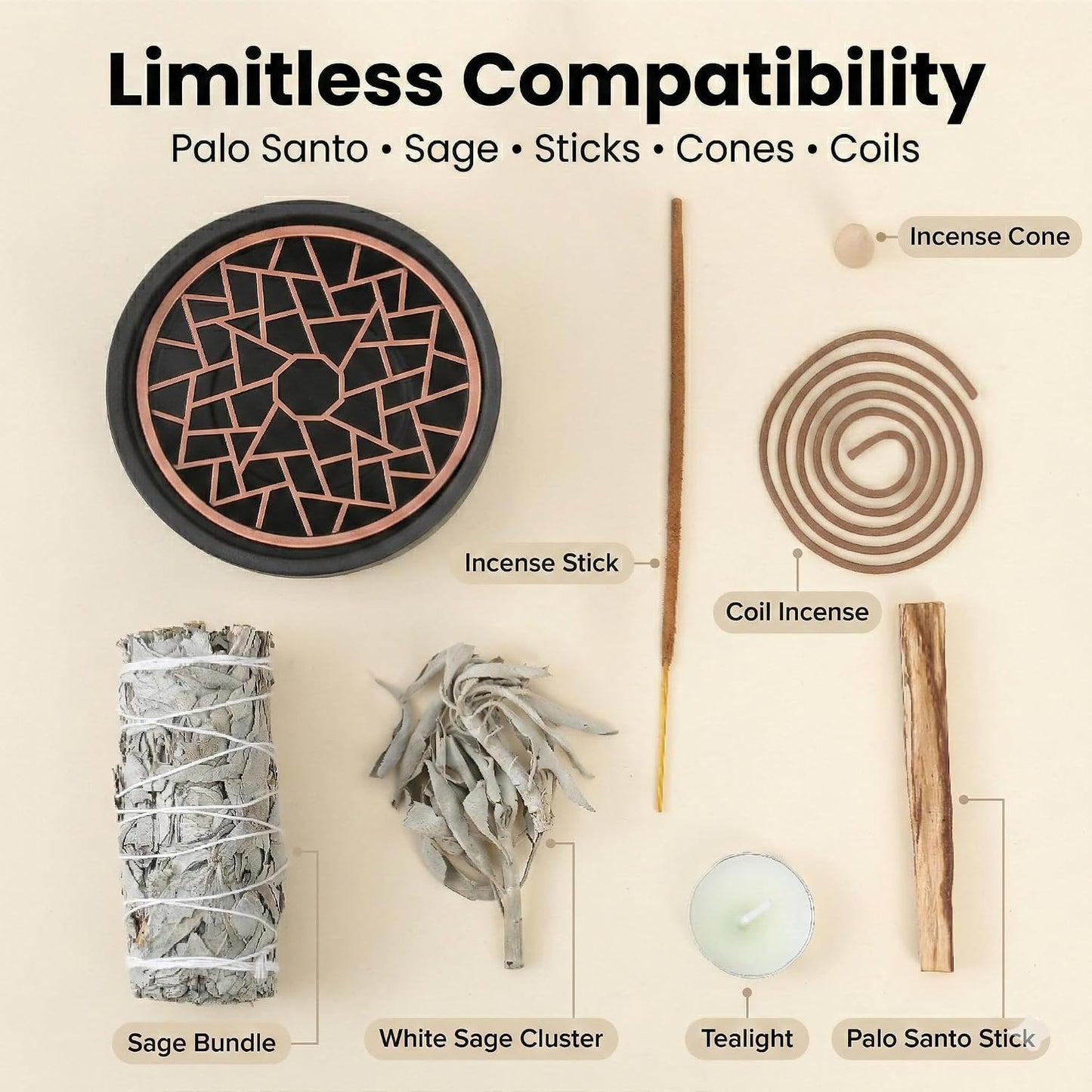All-in-One Incense Holder for Burning Palo Santo & Sage Sticks & Insence-Stick and Cone & Candle, Lasting Burn Palo Santo & Sage Bundle & Loose Sage Leaves, Ash-Free, Wind-Resistant(Brown)